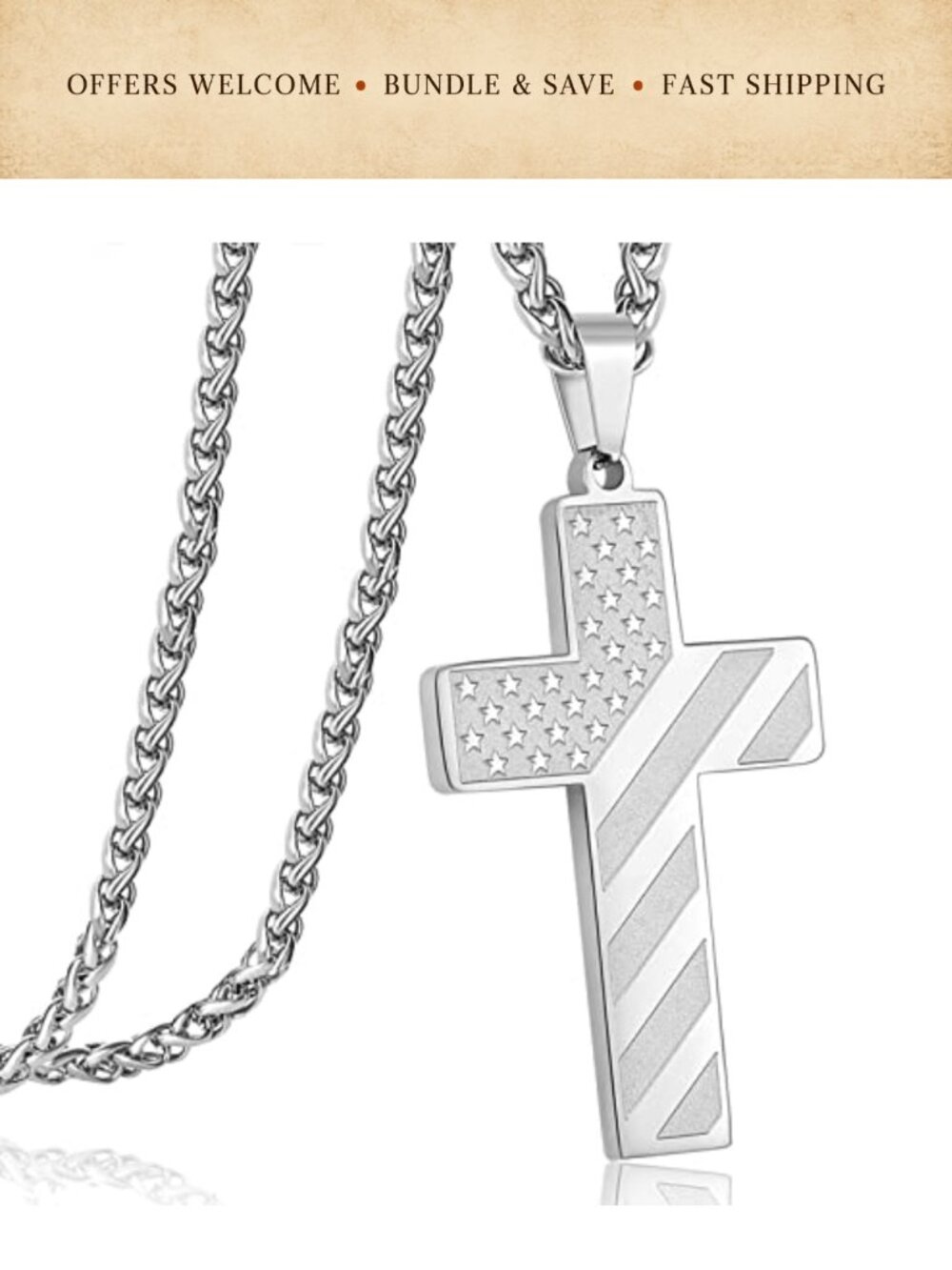 Stainless Steel American Flag Cross Necklace Bible Verse Pendant 24 Inch Chain